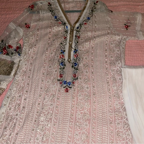 Pakistani Ruzal white/multicolor Slip Dress Fancy Formal party / Wedding Suit - Picture 11 of 17